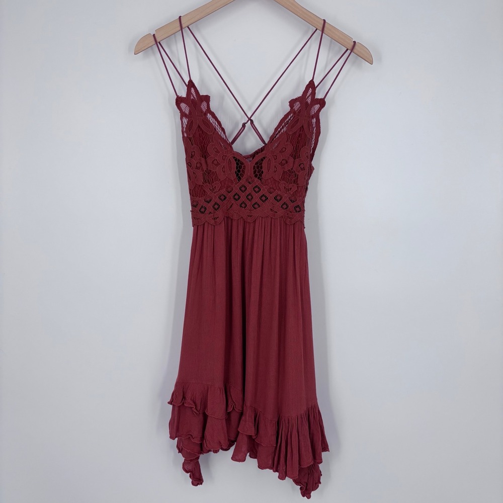 Free People FP One Adella Slip Dress Womens XS Burgundy Lace Boho Ruffle Mini